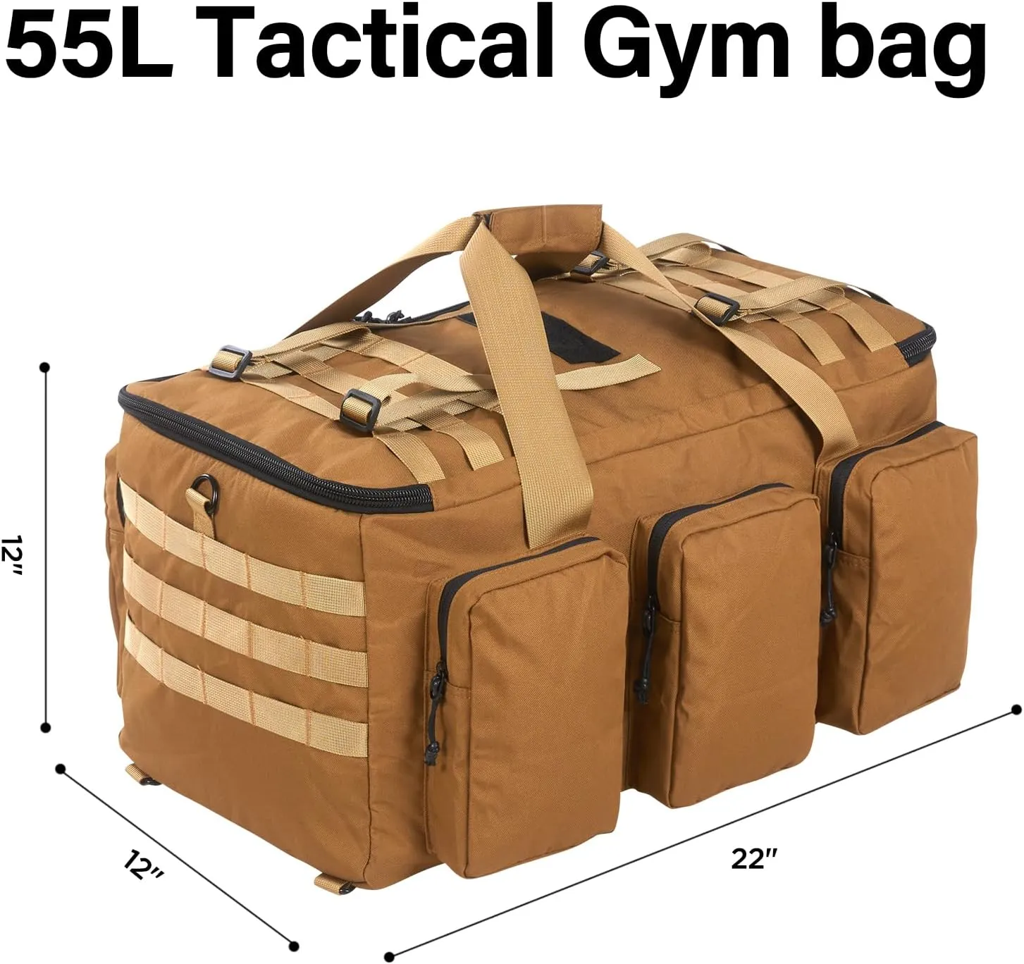 55L Tactical Military Duffle Bag with Compartments and Straps for Men, Large Size Sports Gym Duffel Bag for Weekender Travel Camping (Tan)