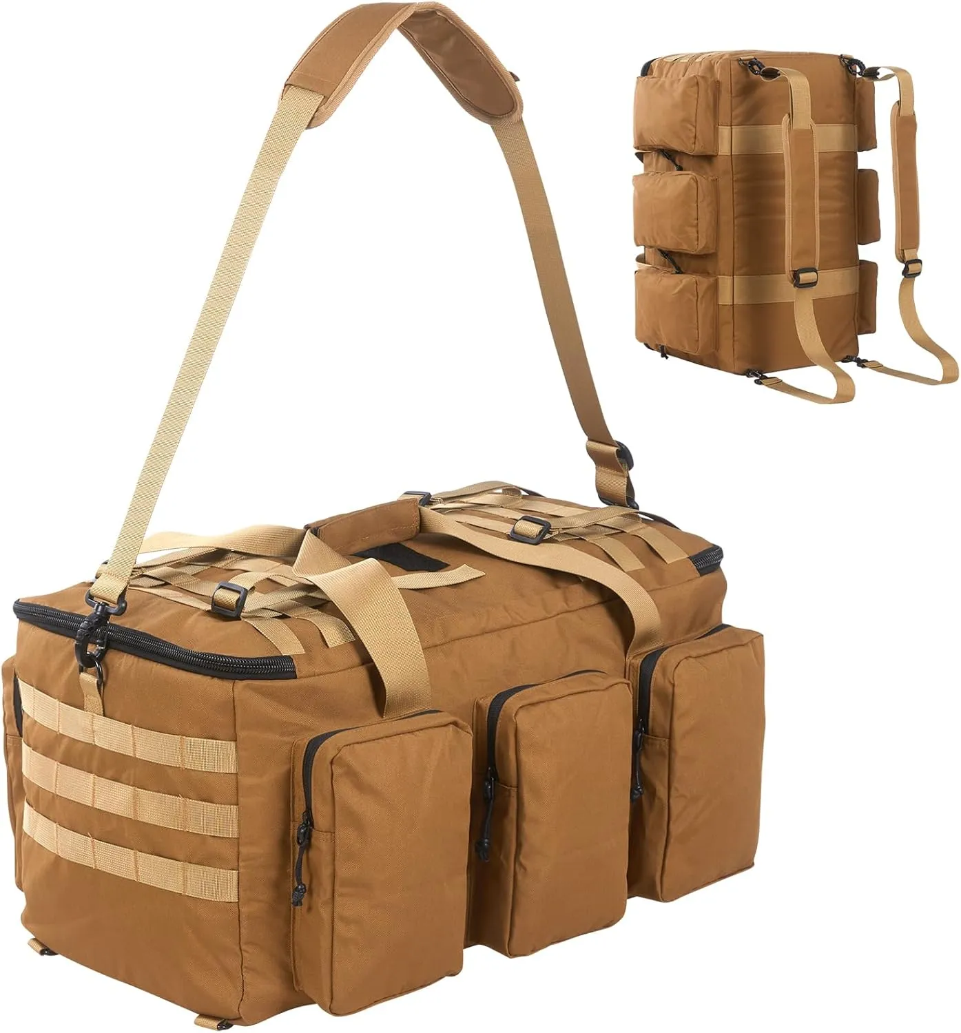 55L Tactical Military Duffle Bag with Compartments and Straps for Men, Large Size Sports Gym Duffel Bag for Weekender Travel Camping (Tan)
