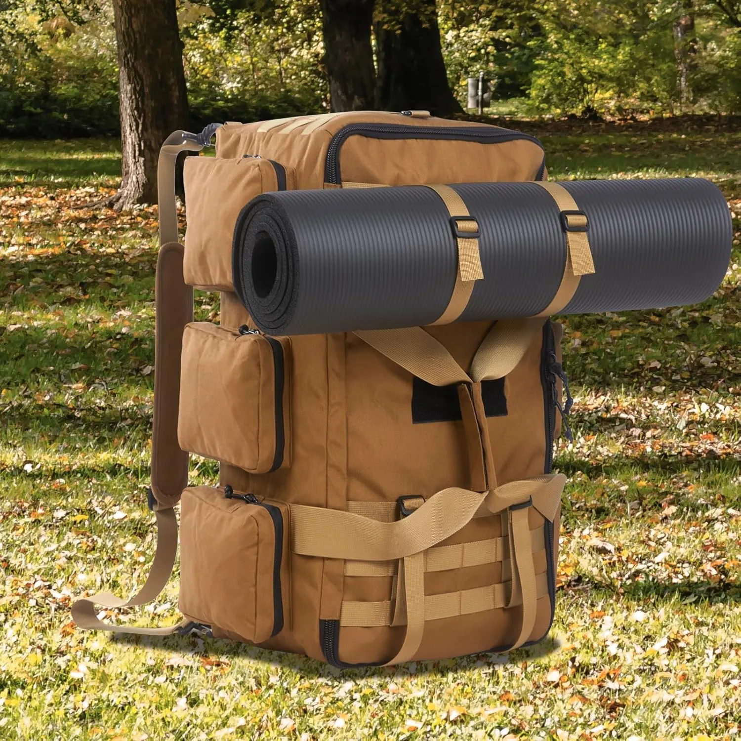 55L Tactical Military Duffle Bag with Compartments and Straps for Men, Large Size Sports Gym Duffel Bag for Weekender Travel Camping (Tan)