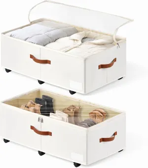 60L Large Under Bed Storage with Wheels Pack of 2, Underbed Shoe Container Bin with Clear Lid Cover, 10.5 Inches Rolling Under Bed Drawer Storage Bag Basket for Boots Quilt Sweater - White