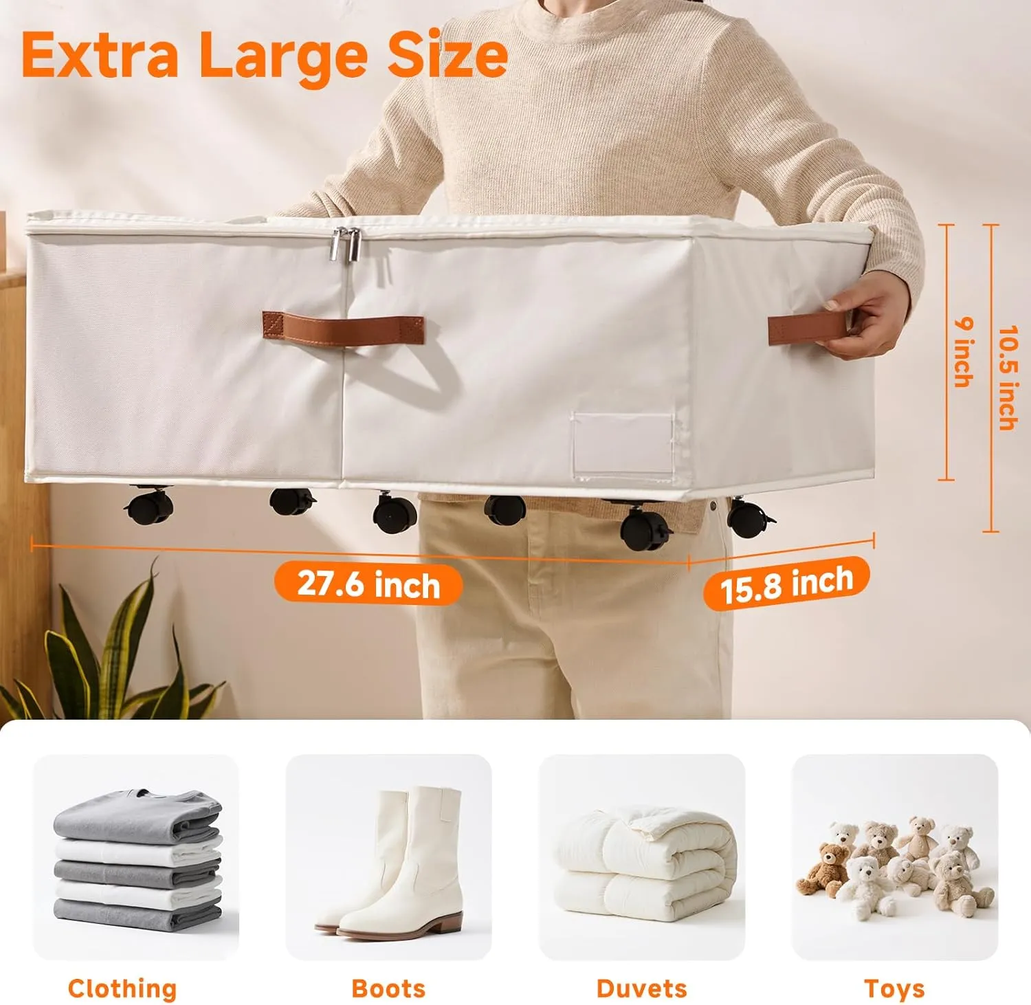 60L Large Under Bed Storage with Wheels Pack of 2, Underbed Shoe Container Bin with Clear Lid Cover, 10.5 Inches Rolling Under Bed Drawer Storage Bag Basket for Boots Quilt Sweater - White