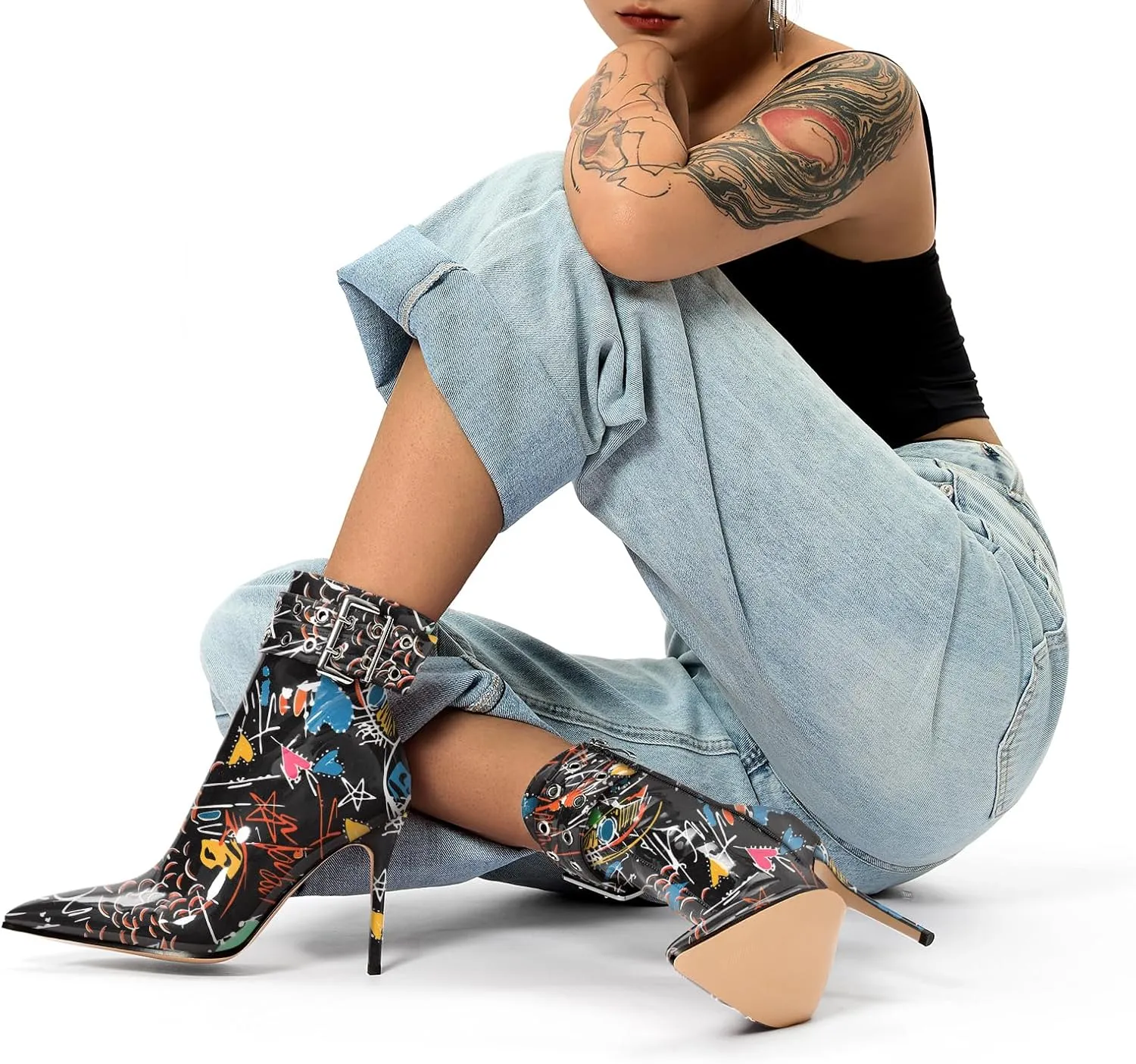 Aachcol Womens Pointed Toe Stiletto Heel Buckle Ankle Boots Patent Leather High Heel Mid Calf Zipper 4 Inches Heels Booties