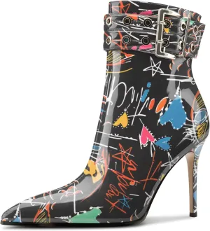 Aachcol Womens Pointed Toe Stiletto Heel Buckle Ankle Boots Patent Leather High Heel Mid Calf Zipper 4 Inches Heels Booties