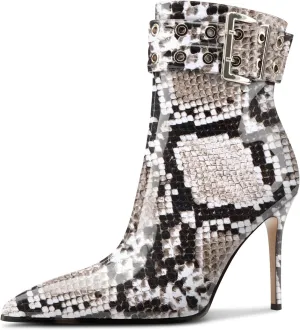 Aachcol Womens Pointed Toe Stiletto Heel Buckle Ankle Boots Patent Leather High Heel Mid Calf Zipper 4 Inches Heels Booties