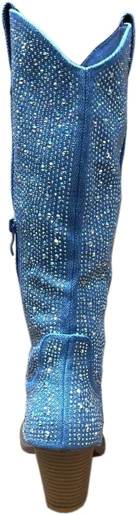 ABSOLEX Women Western Cowgirl Cowboy Pointed Toe Rhinestone Knee High Boots