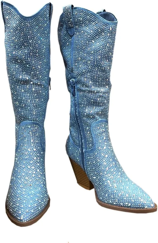ABSOLEX Women Western Cowgirl Cowboy Pointed Toe Rhinestone Knee High Boots