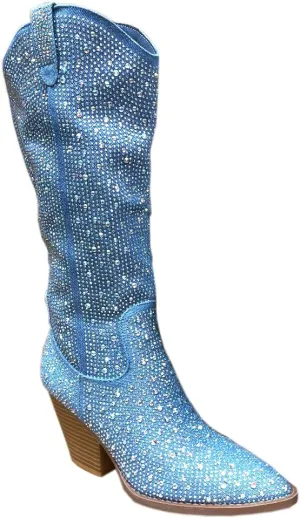ABSOLEX Women Western Cowgirl Cowboy Pointed Toe Rhinestone Knee High Boots
