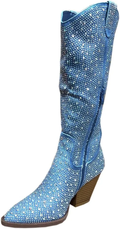 ABSOLEX Women Western Cowgirl Cowboy Pointed Toe Rhinestone Knee High Boots