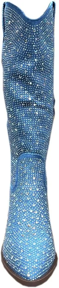 ABSOLEX Women Western Cowgirl Cowboy Pointed Toe Rhinestone Knee High Boots