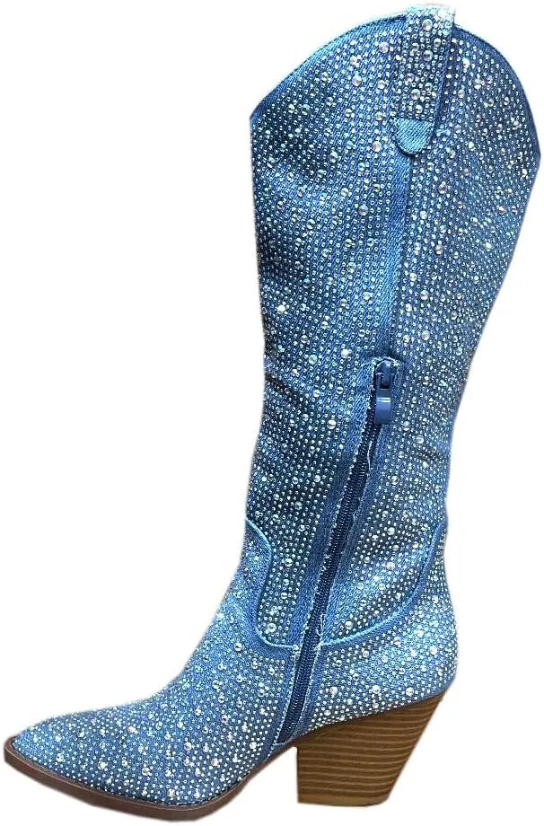 ABSOLEX Women Western Cowgirl Cowboy Pointed Toe Rhinestone Knee High Boots