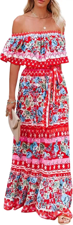 ACOSAP Women's Mexican Dress Summer Floral Print Off The Shoulder Sleeveless Beach Long Maxi Dress