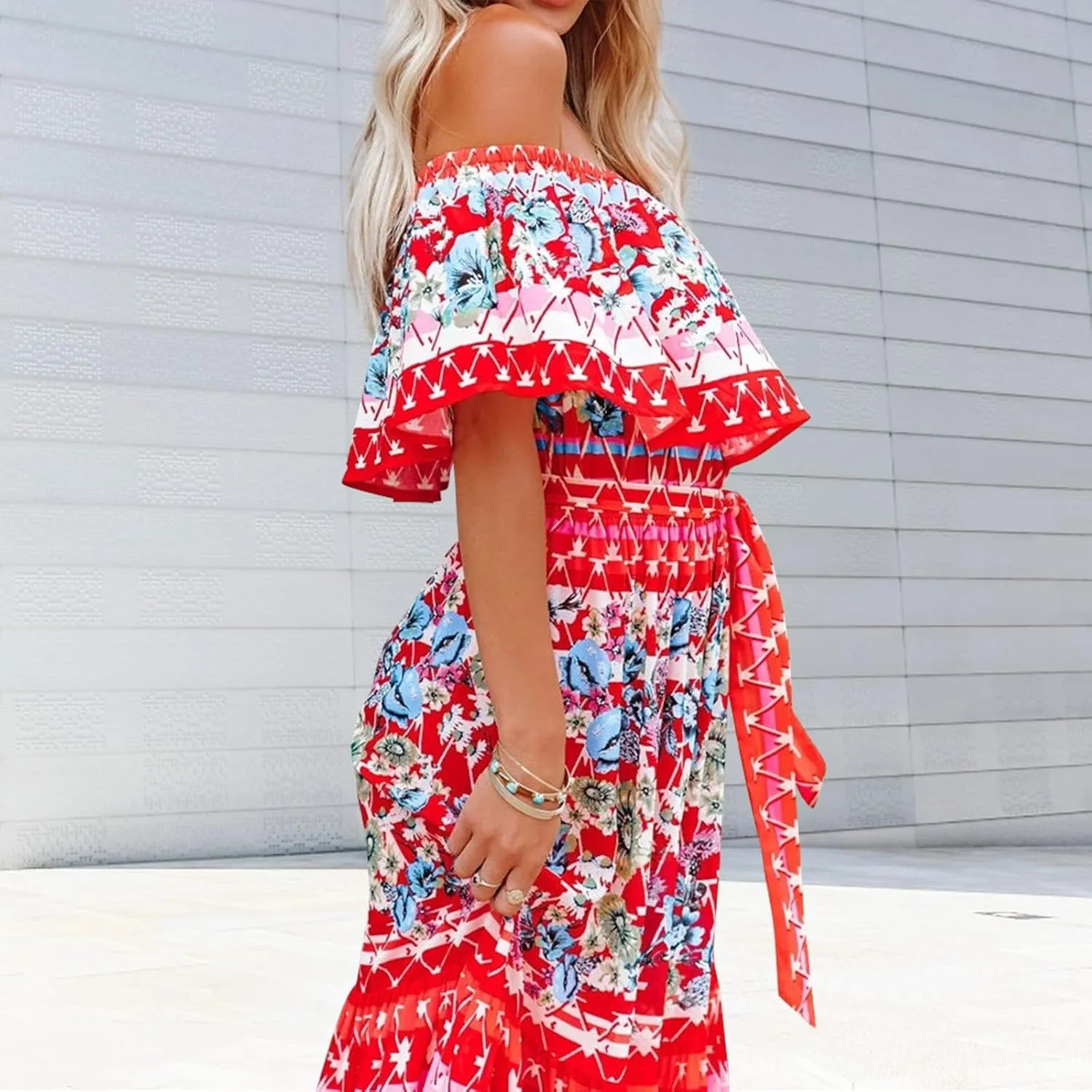 ACOSAP Women's Mexican Dress Summer Floral Print Off The Shoulder Sleeveless Beach Long Maxi Dress