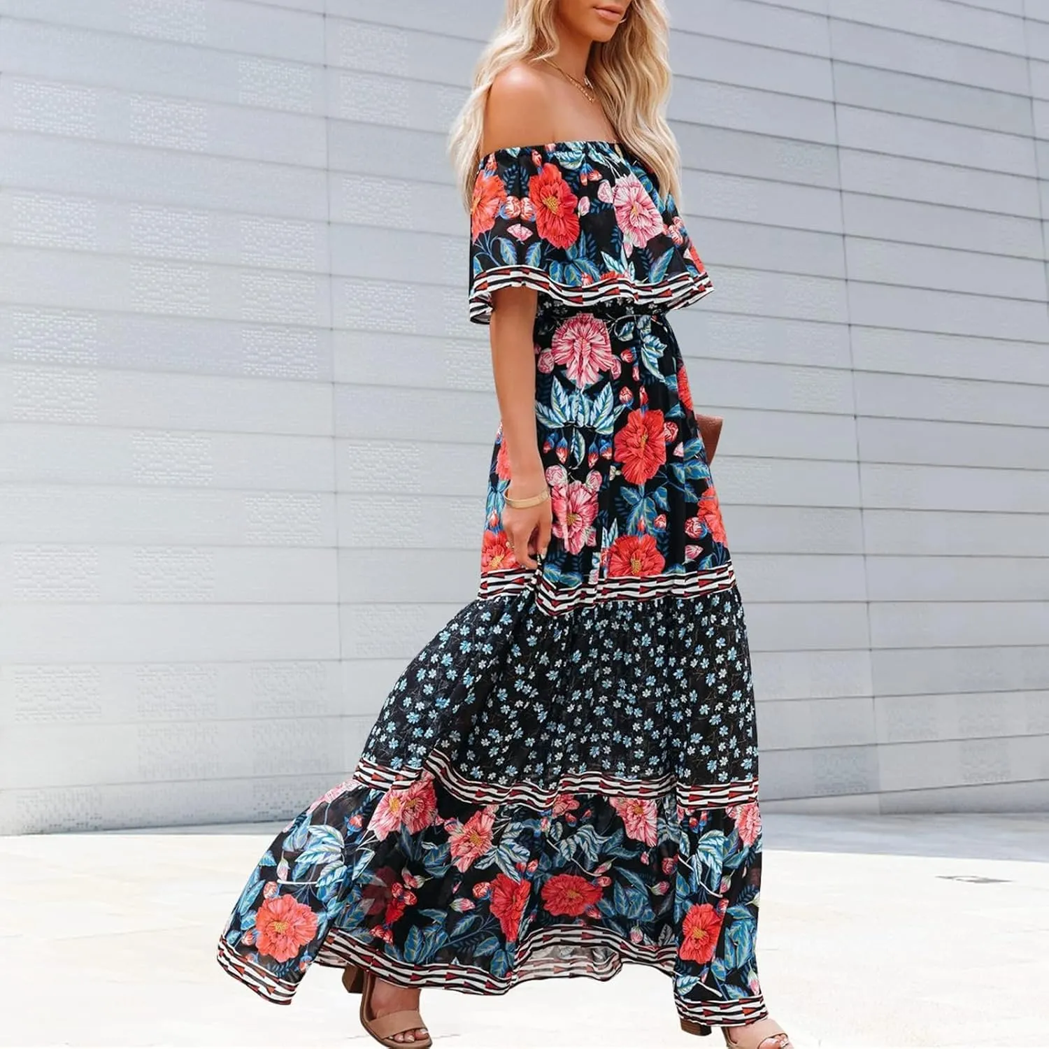 ACOSAP Women's Mexican Dress Summer Floral Print Off The Shoulder Sleeveless Beach Long Maxi Dress