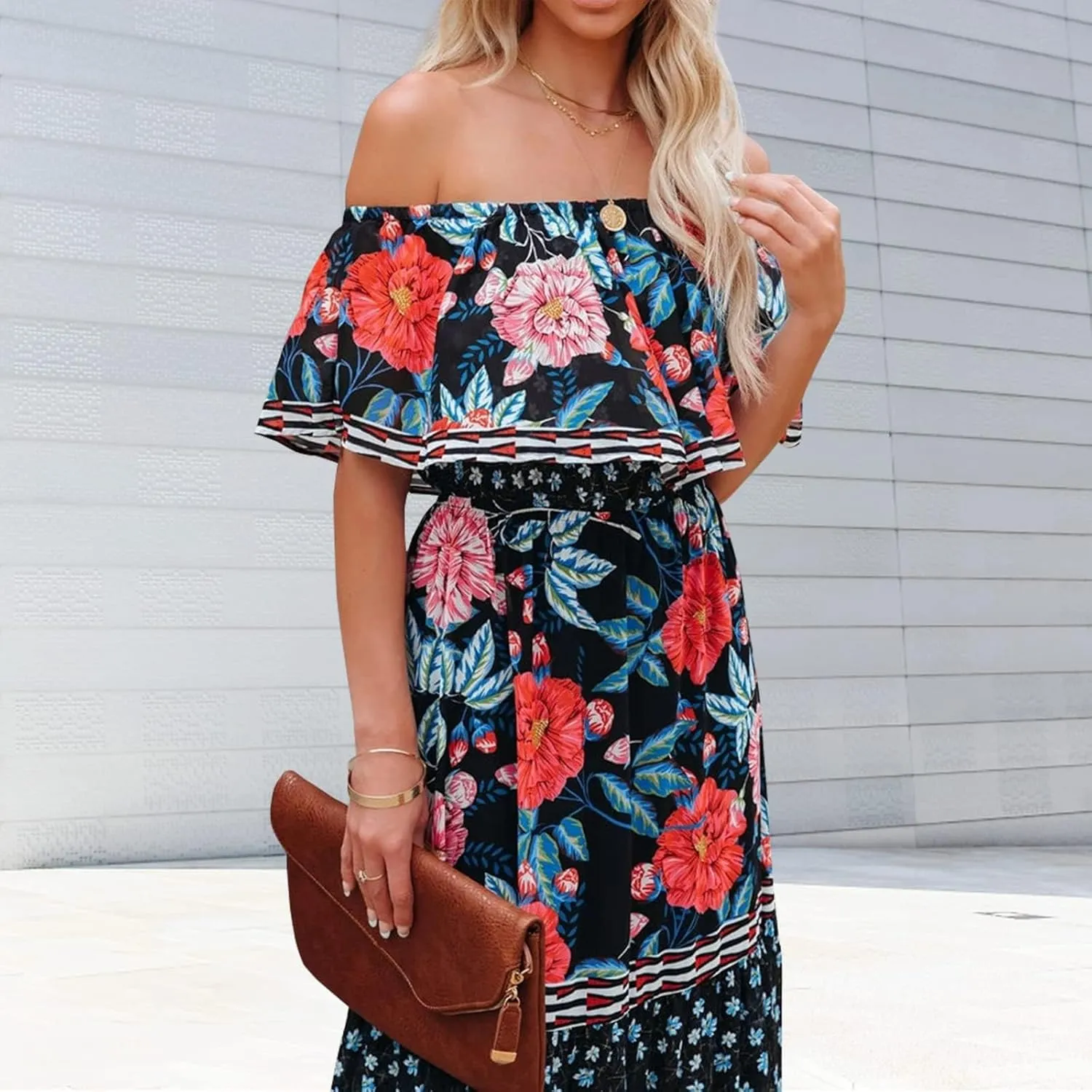 ACOSAP Women's Mexican Dress Summer Floral Print Off The Shoulder Sleeveless Beach Long Maxi Dress