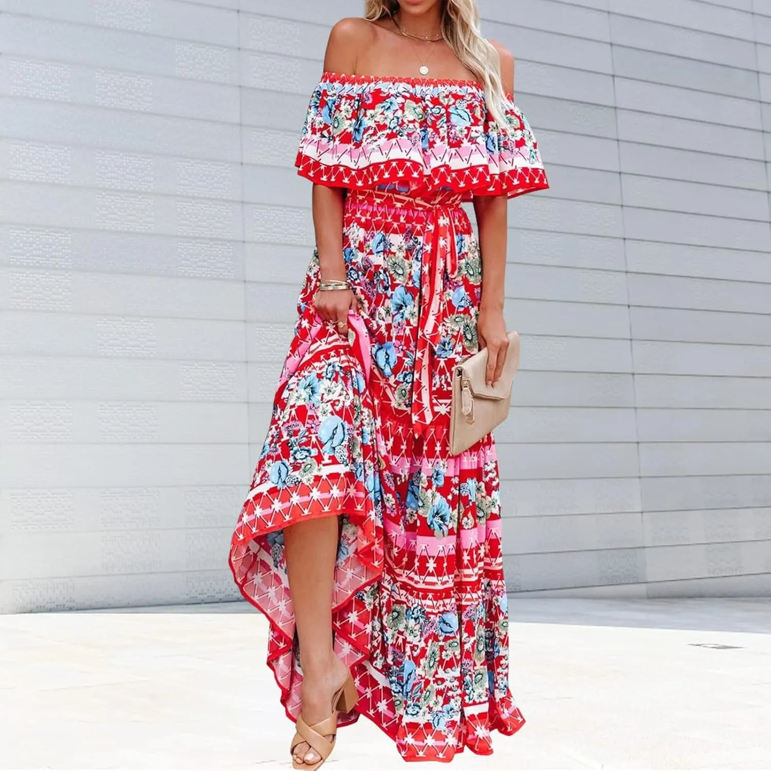 ACOSAP Women's Mexican Dress Summer Floral Print Off The Shoulder Sleeveless Beach Long Maxi Dress