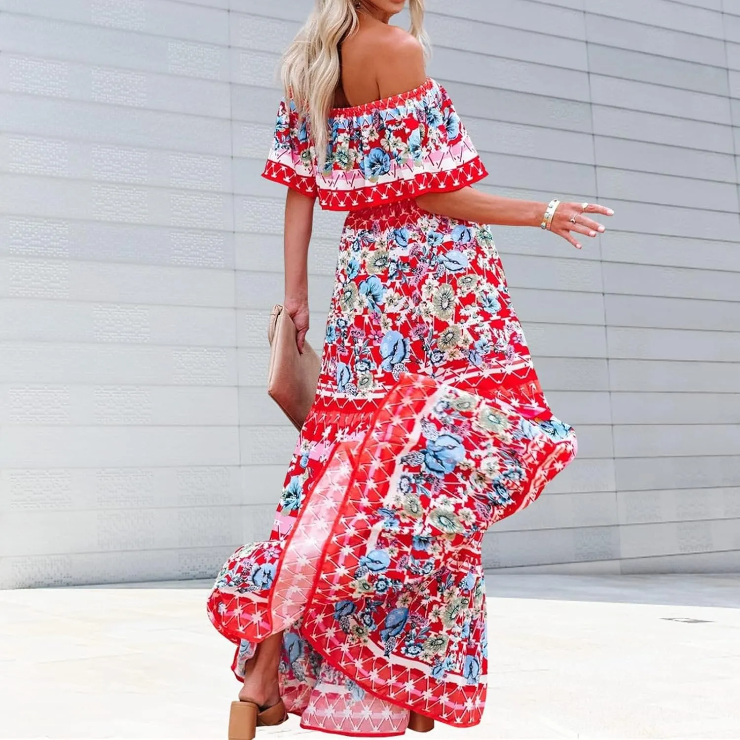 ACOSAP Women's Mexican Dress Summer Floral Print Off The Shoulder Sleeveless Beach Long Maxi Dress