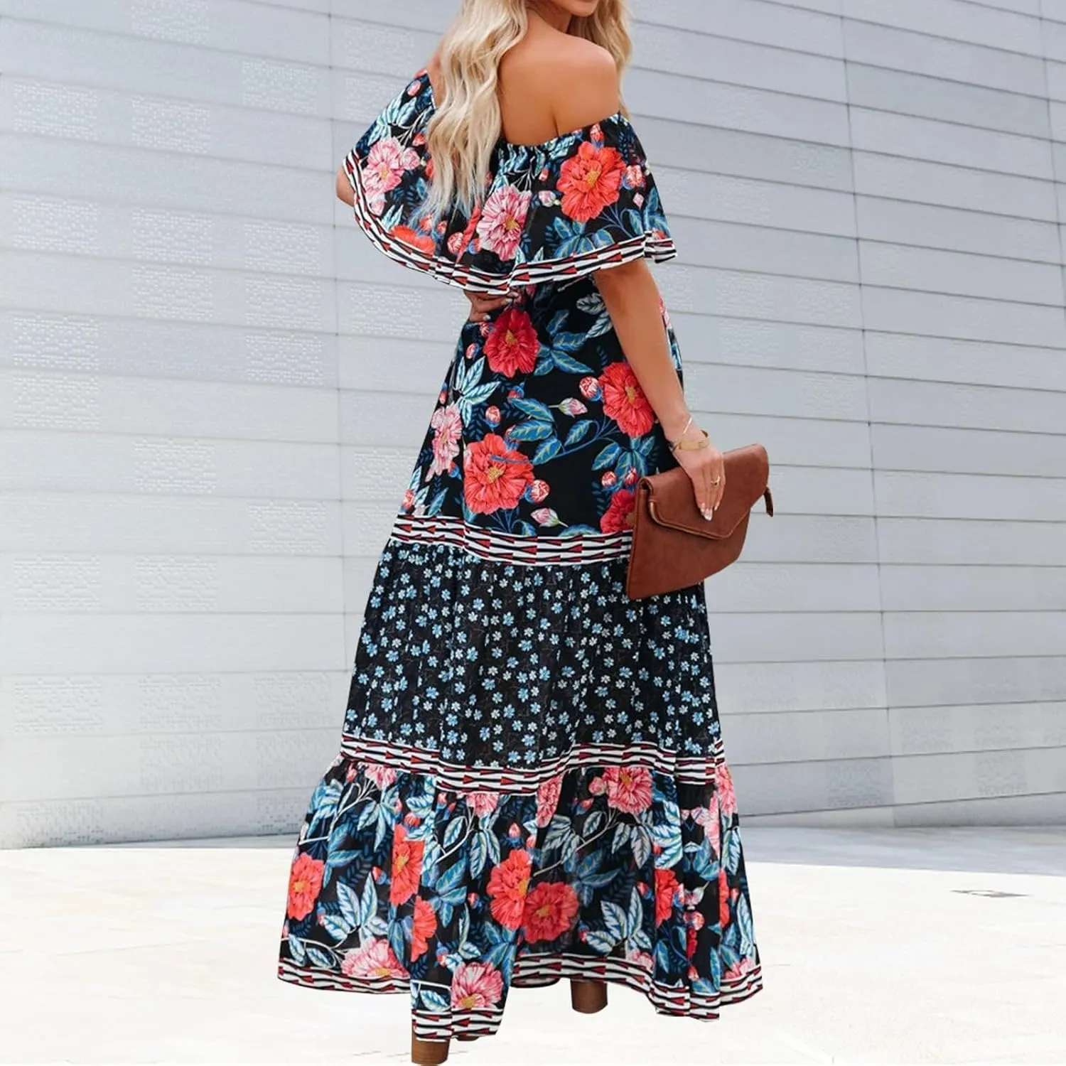 ACOSAP Women's Mexican Dress Summer Floral Print Off The Shoulder Sleeveless Beach Long Maxi Dress
