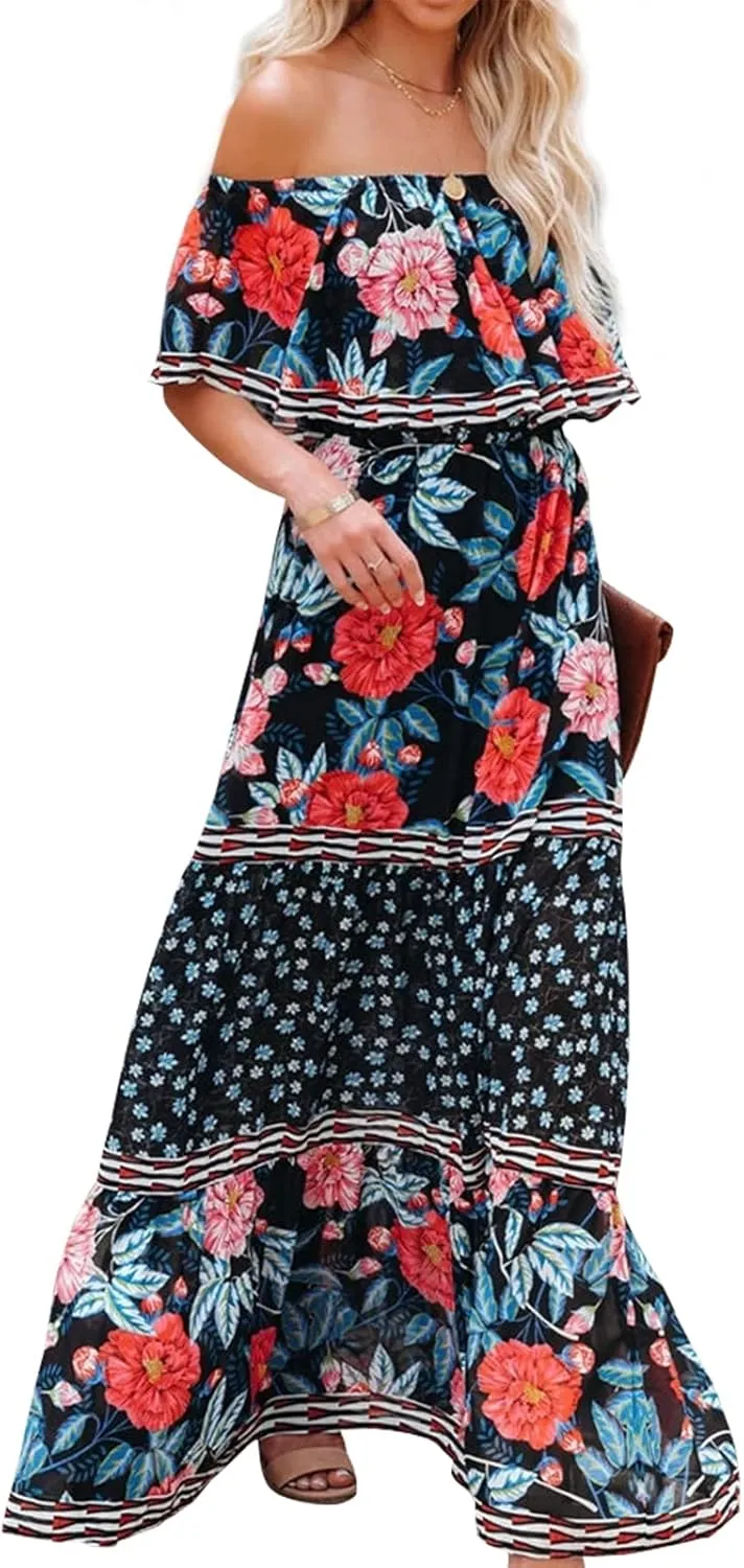 ACOSAP Women's Mexican Dress Summer Floral Print Off The Shoulder Sleeveless Beach Long Maxi Dress
