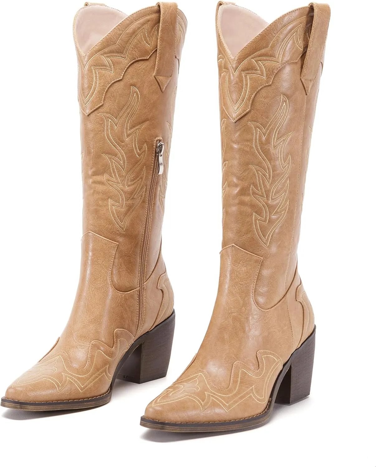 ADAMUMU Womens Wide Calf Cowboy Boots Classic Western-Style Cowboys Boots for Women Pointed Toe Womens Cowgirl Boots with Chunky Heel Non-Slip Sole for Adding Timeless Elegance to Your Wardrobe