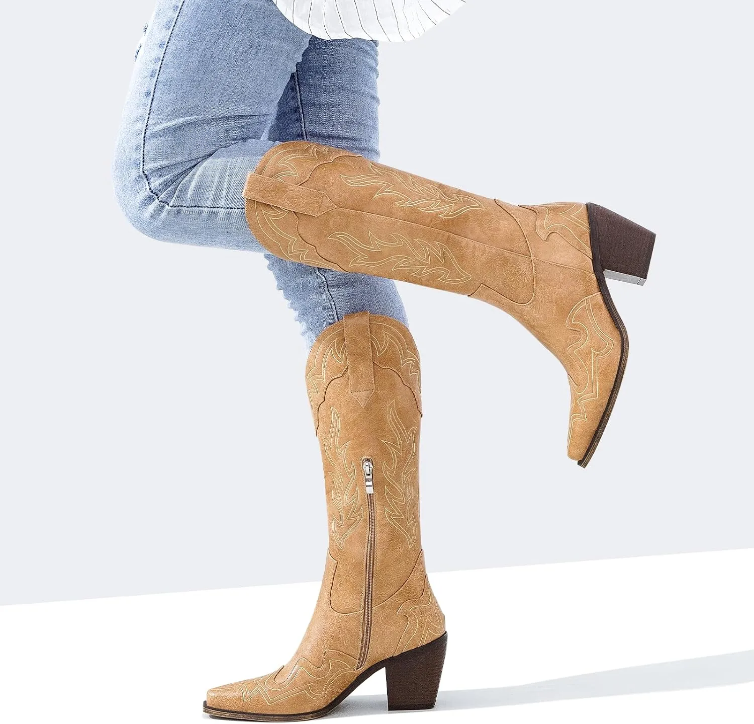 ADAMUMU Womens Wide Calf Cowboy Boots Classic Western-Style Cowboys Boots for Women Pointed Toe Womens Cowgirl Boots with Chunky Heel Non-Slip Sole for Adding Timeless Elegance to Your Wardrobe