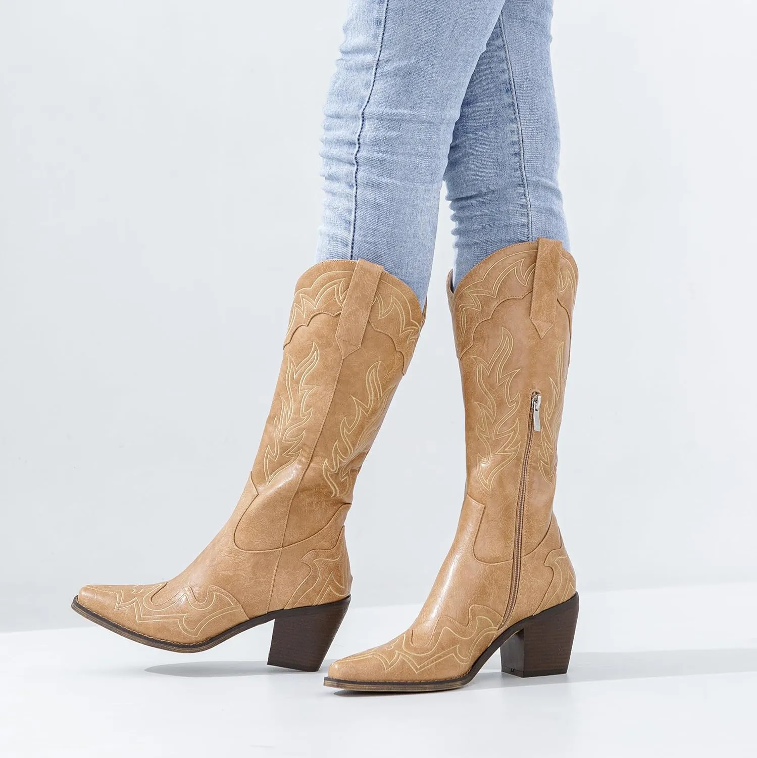 ADAMUMU Womens Wide Calf Cowboy Boots Classic Western-Style Cowboys Boots for Women Pointed Toe Womens Cowgirl Boots with Chunky Heel Non-Slip Sole for Adding Timeless Elegance to Your Wardrobe