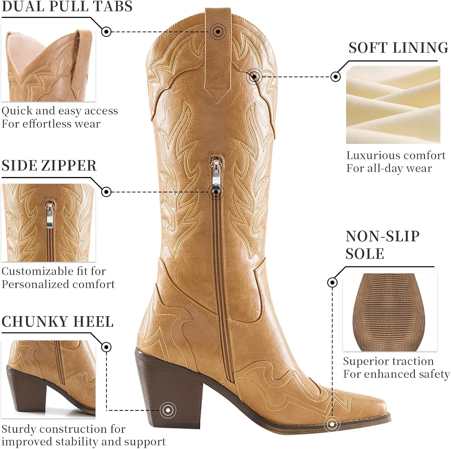 ADAMUMU Womens Wide Calf Cowboy Boots Classic Western-Style Cowboys Boots for Women Pointed Toe Womens Cowgirl Boots with Chunky Heel Non-Slip Sole for Adding Timeless Elegance to Your Wardrobe