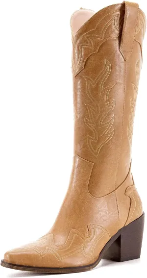 ADAMUMU Womens Wide Calf Cowboy Boots Classic Western-Style Cowboys Boots for Women Pointed Toe Womens Cowgirl Boots with Chunky Heel Non-Slip Sole for Adding Timeless Elegance to Your Wardrobe