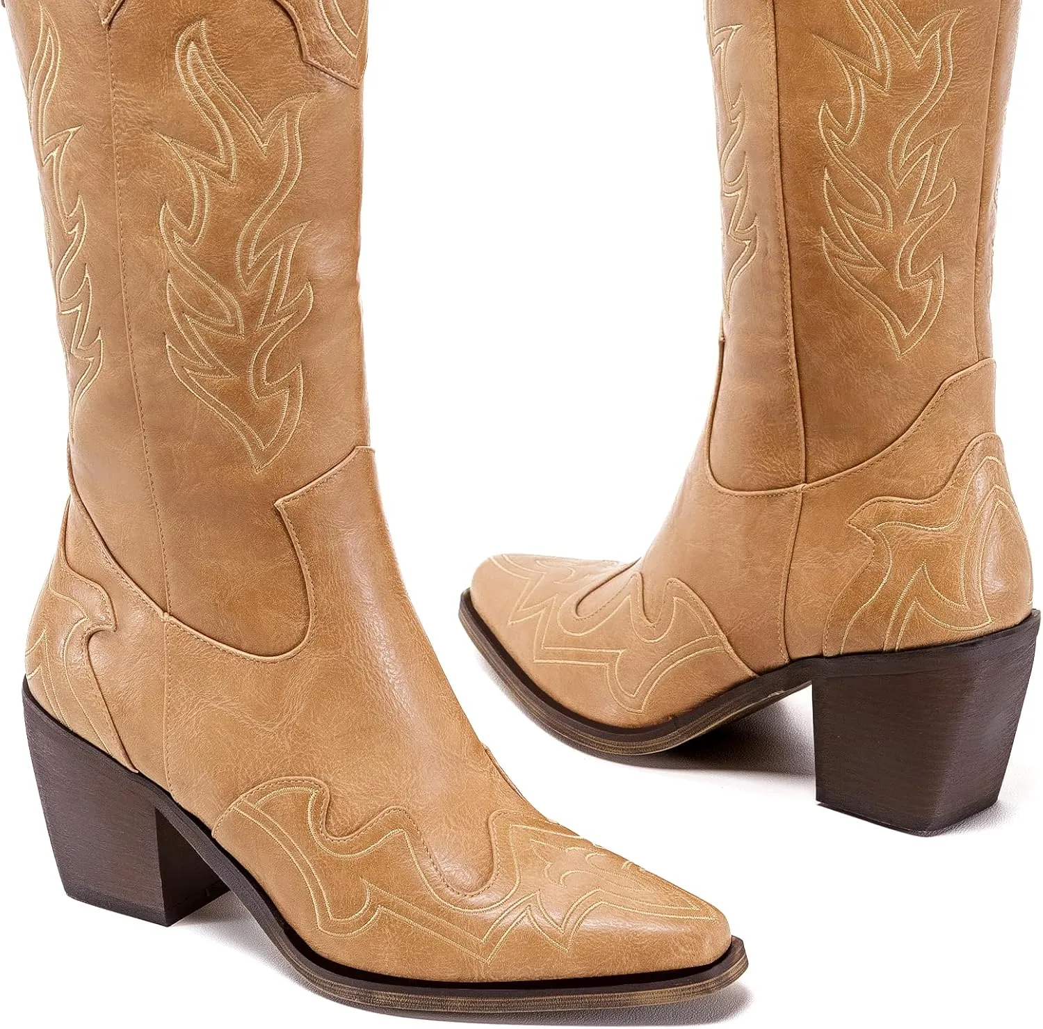 ADAMUMU Womens Wide Calf Cowboy Boots Classic Western-Style Cowboys Boots for Women Pointed Toe Womens Cowgirl Boots with Chunky Heel Non-Slip Sole for Adding Timeless Elegance to Your Wardrobe