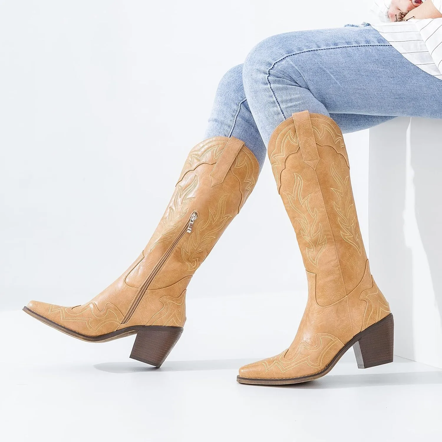 ADAMUMU Womens Wide Calf Cowboy Boots Classic Western-Style Cowboys Boots for Women Pointed Toe Womens Cowgirl Boots with Chunky Heel Non-Slip Sole for Adding Timeless Elegance to Your Wardrobe