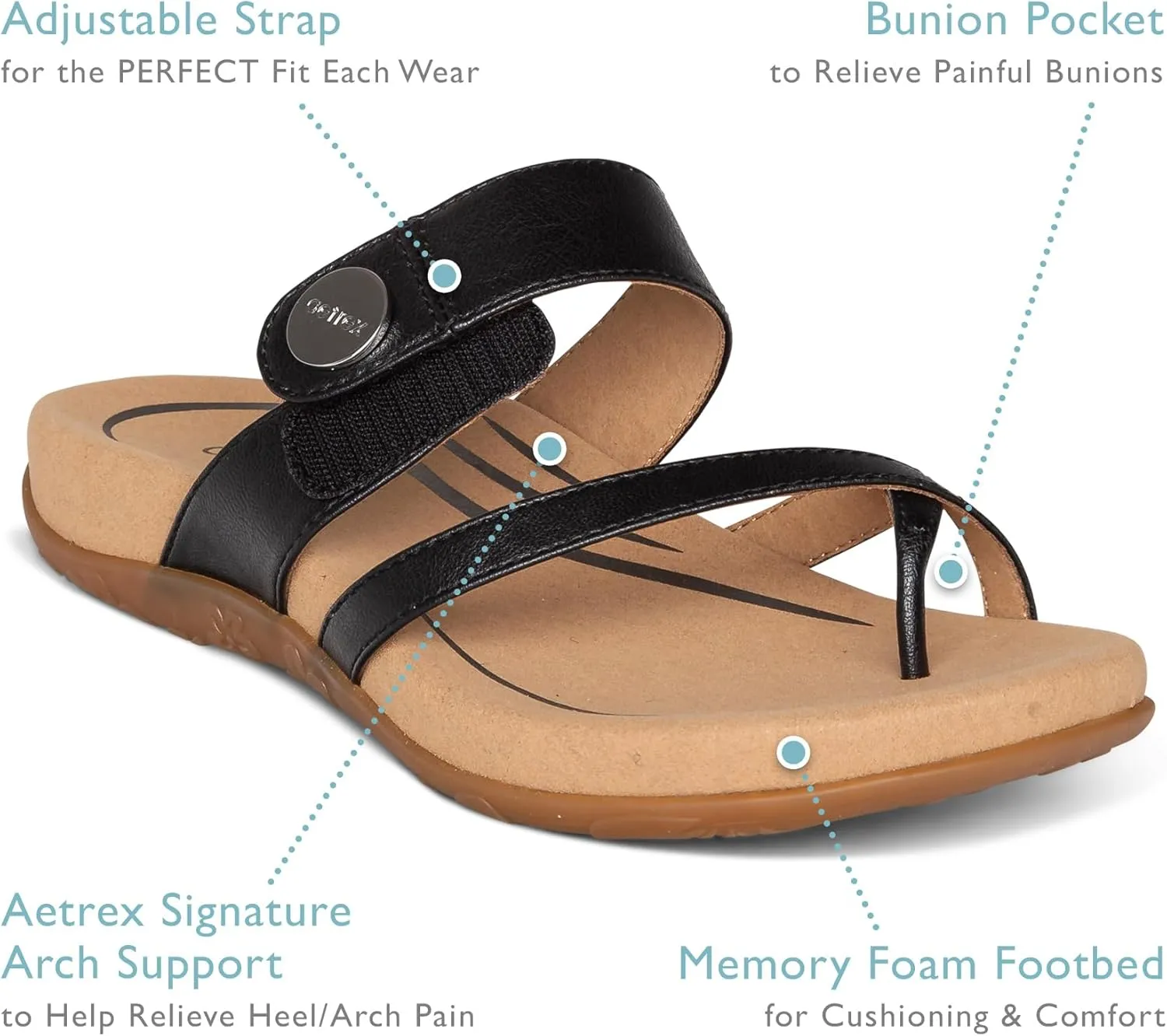 Aetrex Izzy Memory Foam Footbed Faux Leather Adjustable Orthopedic Slide Sandals for Women - Pressure Relief Pain Arch Support Sandals Women's