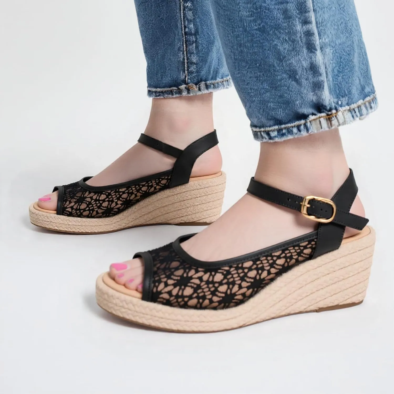 Alexis Leroy Wedge Heel Cut-Out Vamp Peep Toe Slingback Women's Sandals