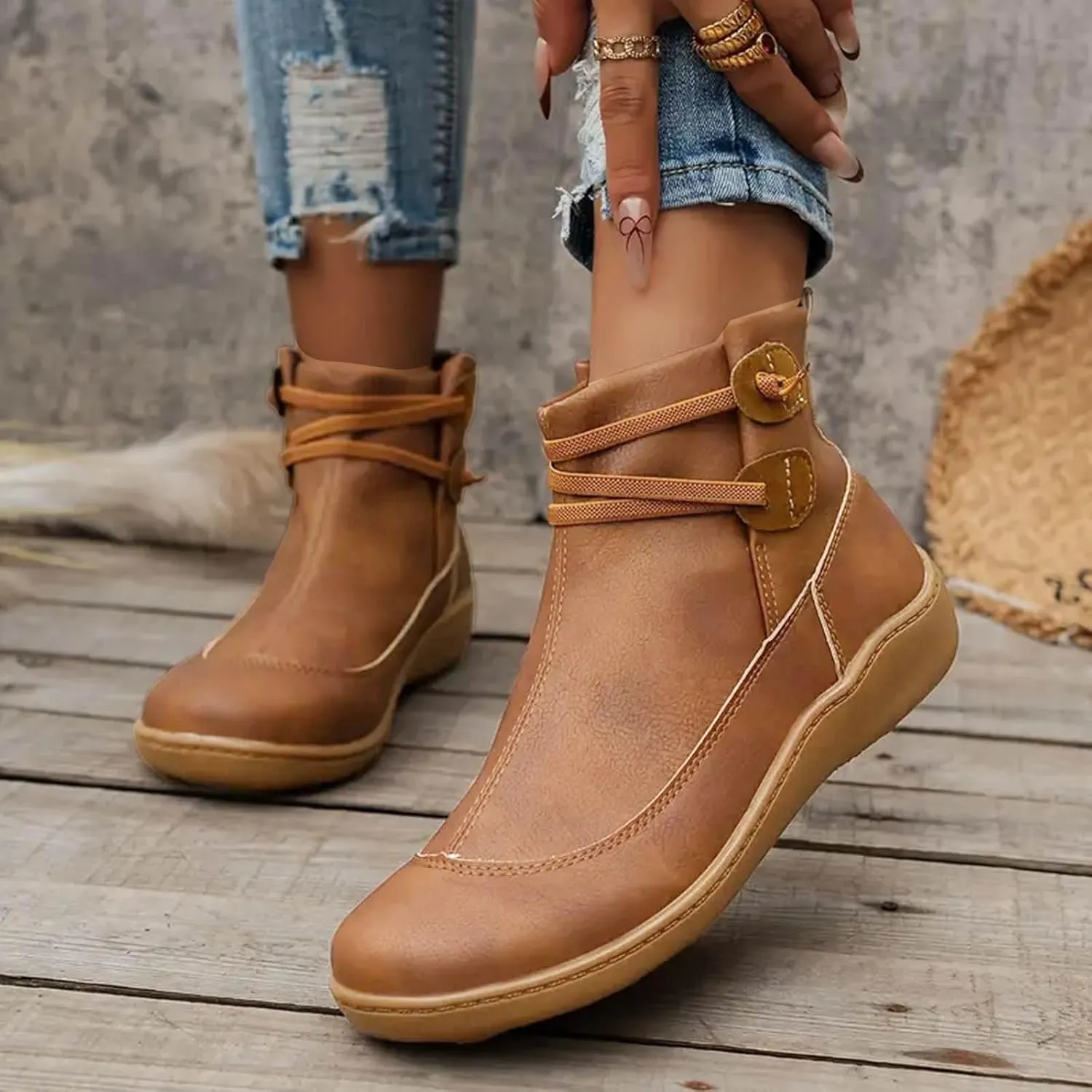 AMDBEL Boots for Women Ankle Booties No Heel Premium Orthopedic Shoes Arch Support Leather Comfortable Side Zip Winter Boots