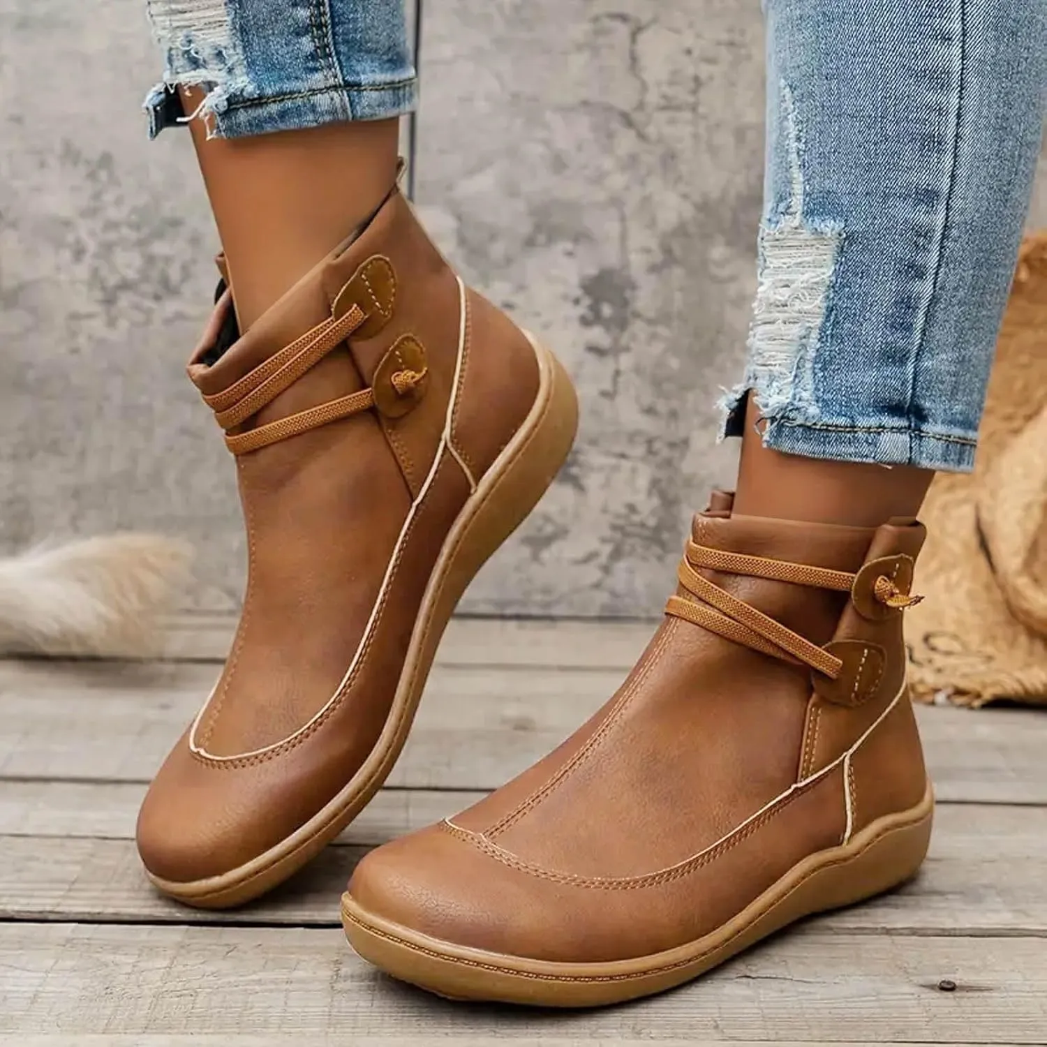 AMDBEL Boots for Women Ankle Booties No Heel Premium Orthopedic Shoes Arch Support Leather Comfortable Side Zip Winter Boots