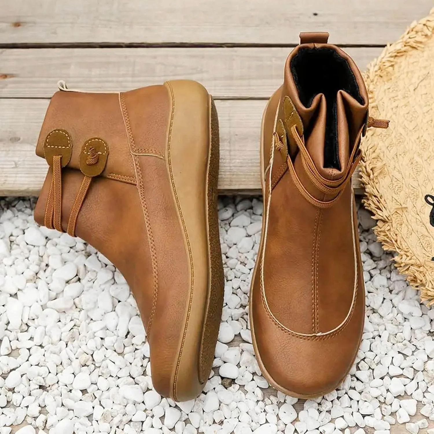AMDBEL Boots for Women Ankle Booties No Heel Premium Orthopedic Shoes Arch Support Leather Comfortable Side Zip Winter Boots