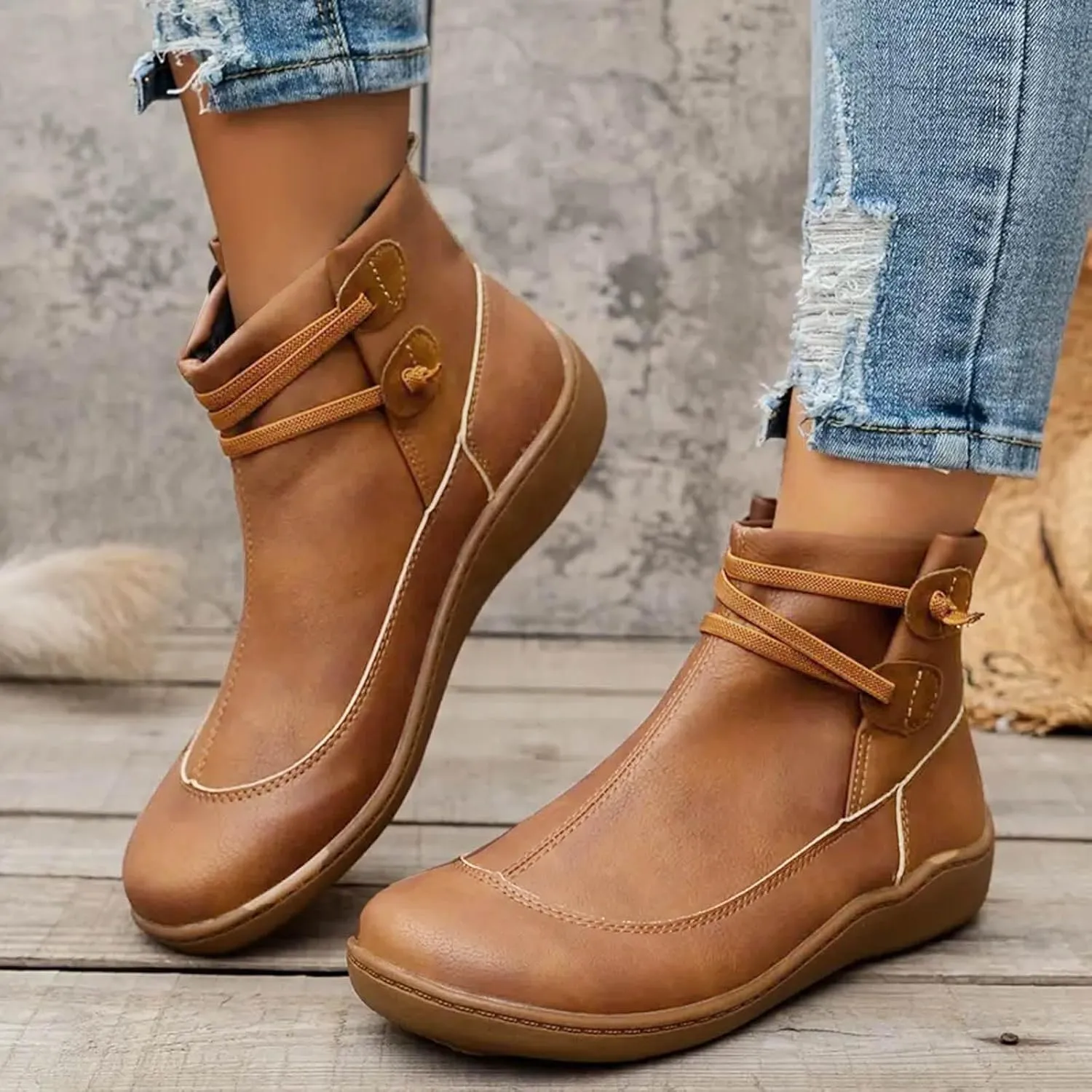 AMDBEL Boots for Women Ankle Booties No Heel Premium Orthopedic Shoes Arch Support Leather Comfortable Side Zip Winter Boots
