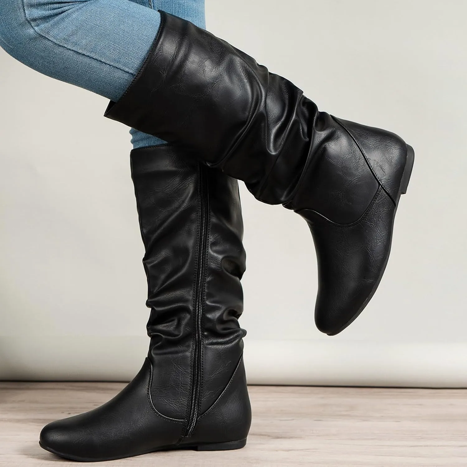 AMDBEL Mid Calf Boots for Women Flat Heel Fall Boots for Women 2024 Winter Zipper Western Long Boots Casual Booties Shoes