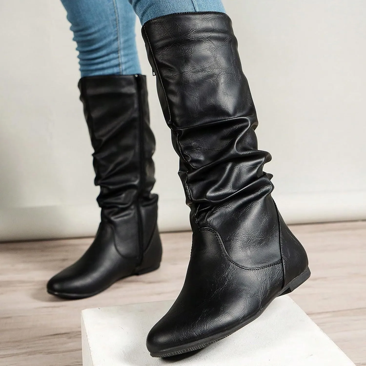 AMDBEL Mid Calf Boots for Women Flat Heel Fall Boots for Women 2024 Winter Zipper Western Long Boots Casual Booties Shoes