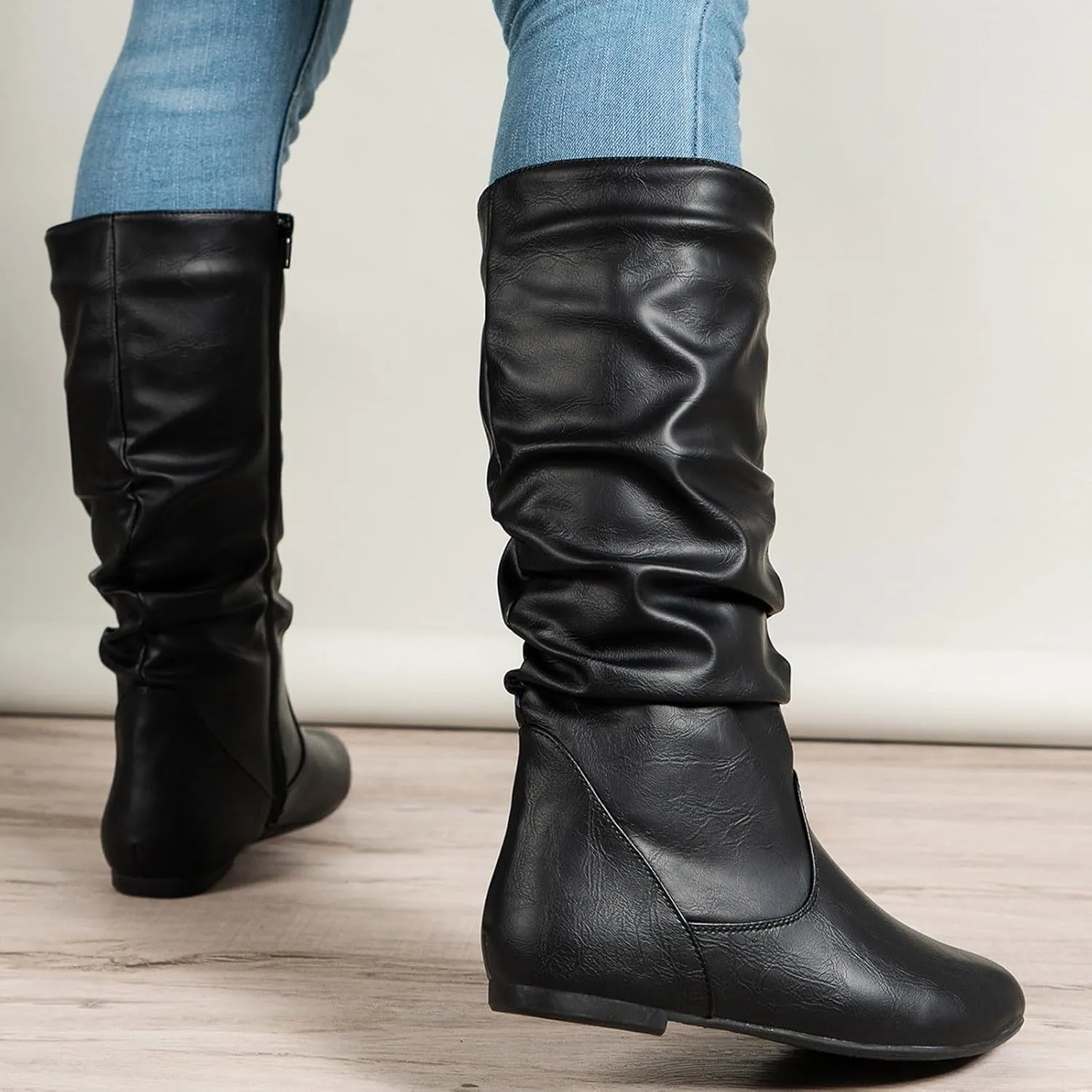 AMDBEL Mid Calf Boots for Women Flat Heel Fall Boots for Women 2024 Winter Zipper Western Long Boots Casual Booties Shoes