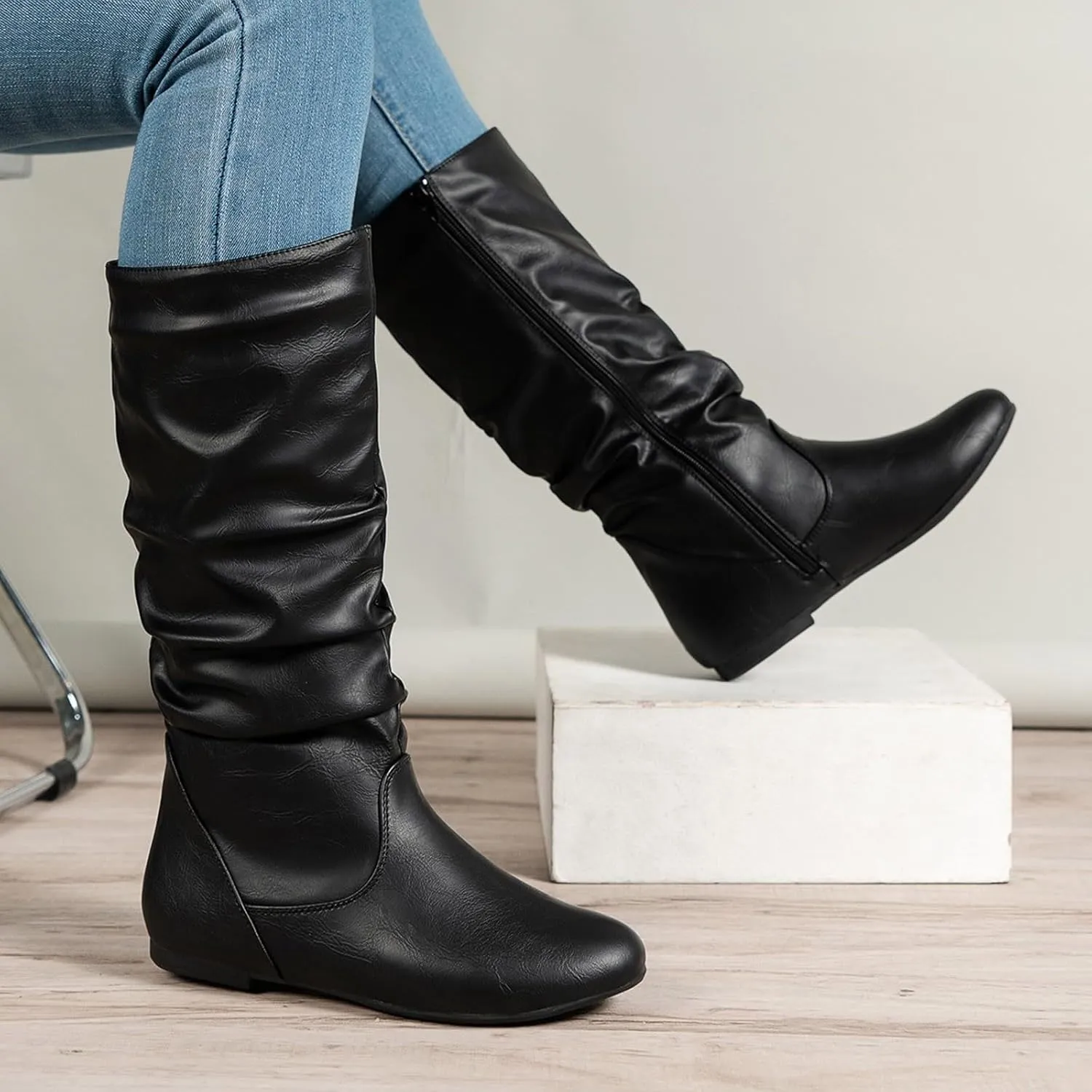 AMDBEL Mid Calf Boots for Women Flat Heel Fall Boots for Women 2024 Winter Zipper Western Long Boots Casual Booties Shoes