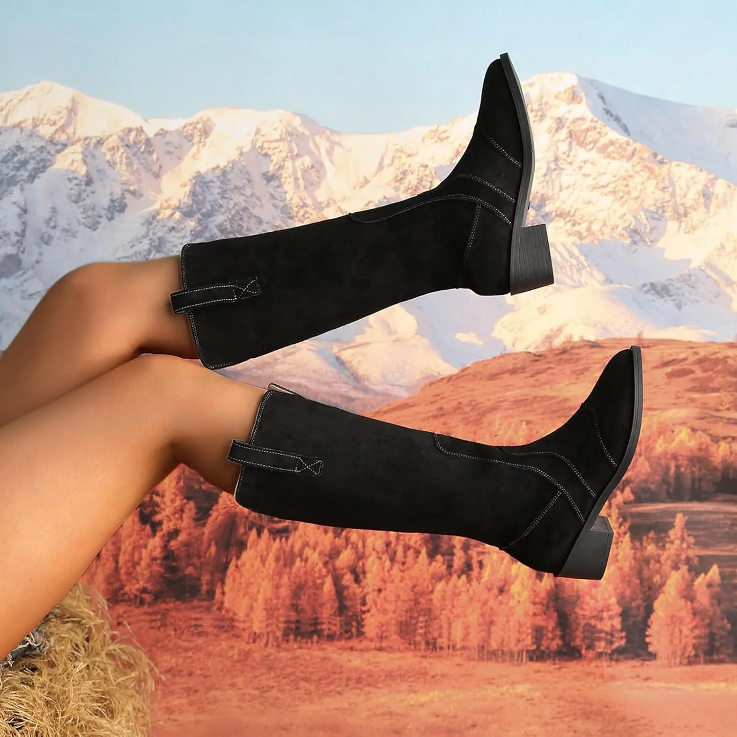 AMDBEL Mid Calf Boots for Women Low Heel Fall Boots for Women 2024 Casual Slip On Pointed Toe Long Boot Fashion Booties Shoes