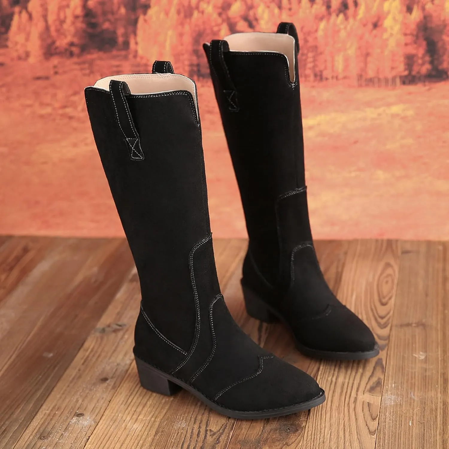 AMDBEL Mid Calf Boots for Women Low Heel Fall Boots for Women 2024 Casual Slip On Pointed Toe Long Boot Fashion Booties Shoes