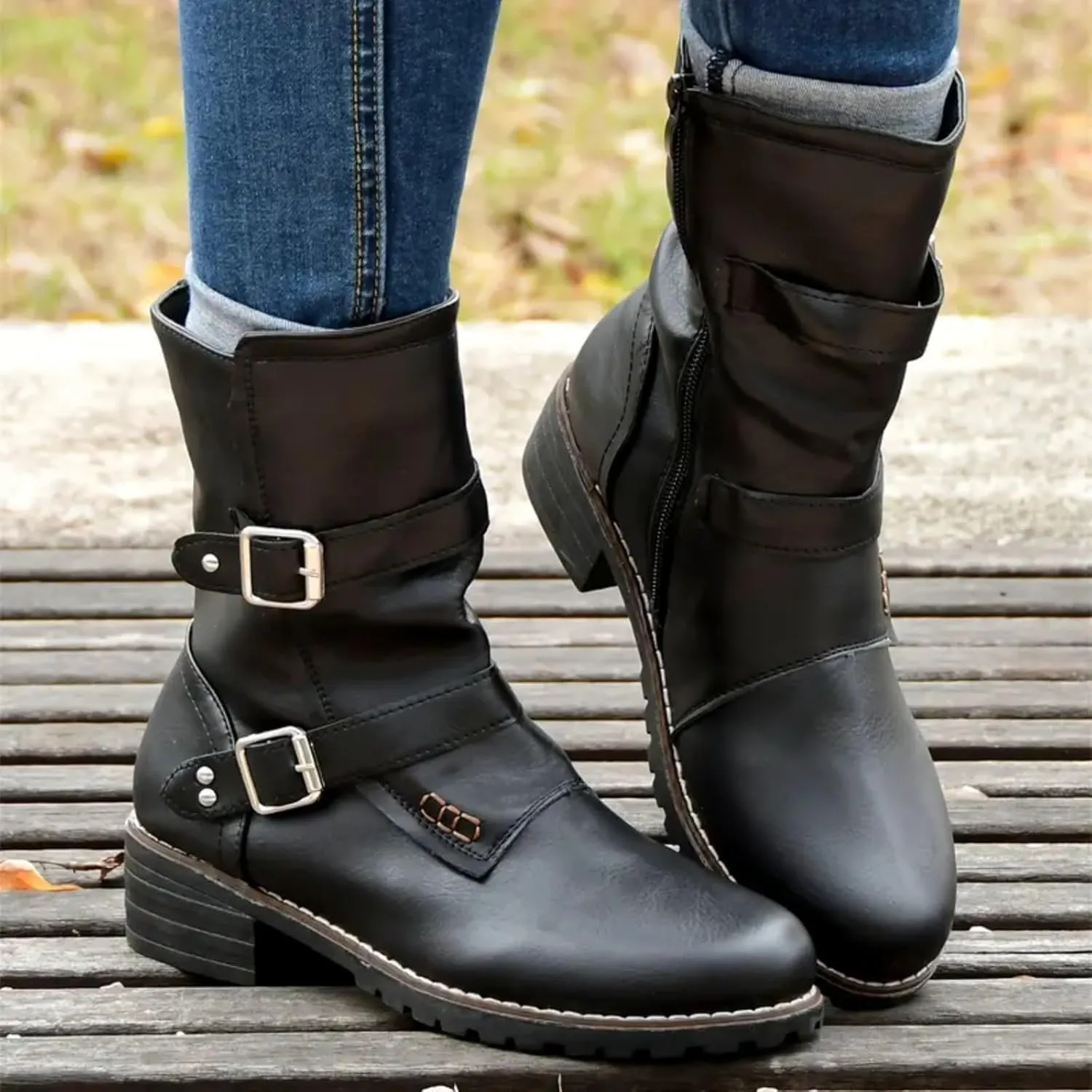 AMDBEL Womens Boots Ankle, Women's Ankle Boots Low Heel Slip On Boots Round Toe Ladies Party Short Booties Shoes