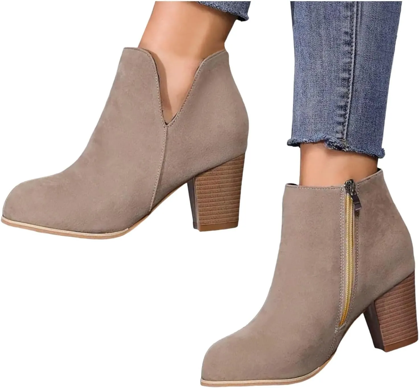 AMDBEL Womens Boots Ankle, Women's Ankle Boots V Cut Chelsea Pump Boots Closed Toe Stacked Heel Booties Shoes