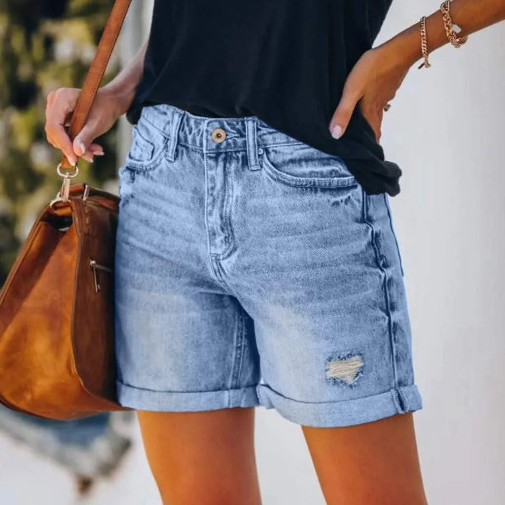 AMDBEL Womens Jean Shorts Stretchy High Waist Bermuda Denim Shorts Summer Casual Comfy Slim Beach Short Jeans with Pockets
