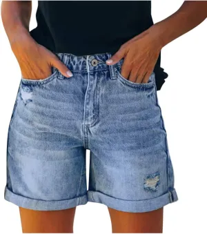 AMDBEL Womens Jean Shorts Stretchy High Waist Bermuda Denim Shorts Summer Casual Comfy Slim Beach Short Jeans with Pockets