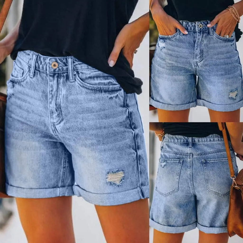 AMDBEL Womens Jean Shorts Stretchy High Waist Bermuda Denim Shorts Summer Casual Comfy Slim Beach Short Jeans with Pockets