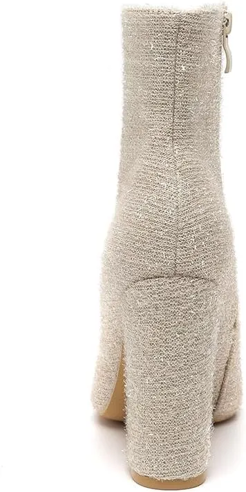 Amoji Women 4 Inch Rhinestone Heeled Boots Pointed Toe Chunky Boot With Zipper