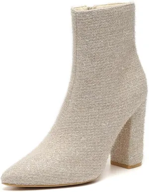 Amoji Women 4 Inch Rhinestone Heeled Boots Pointed Toe Chunky Boot With Zipper