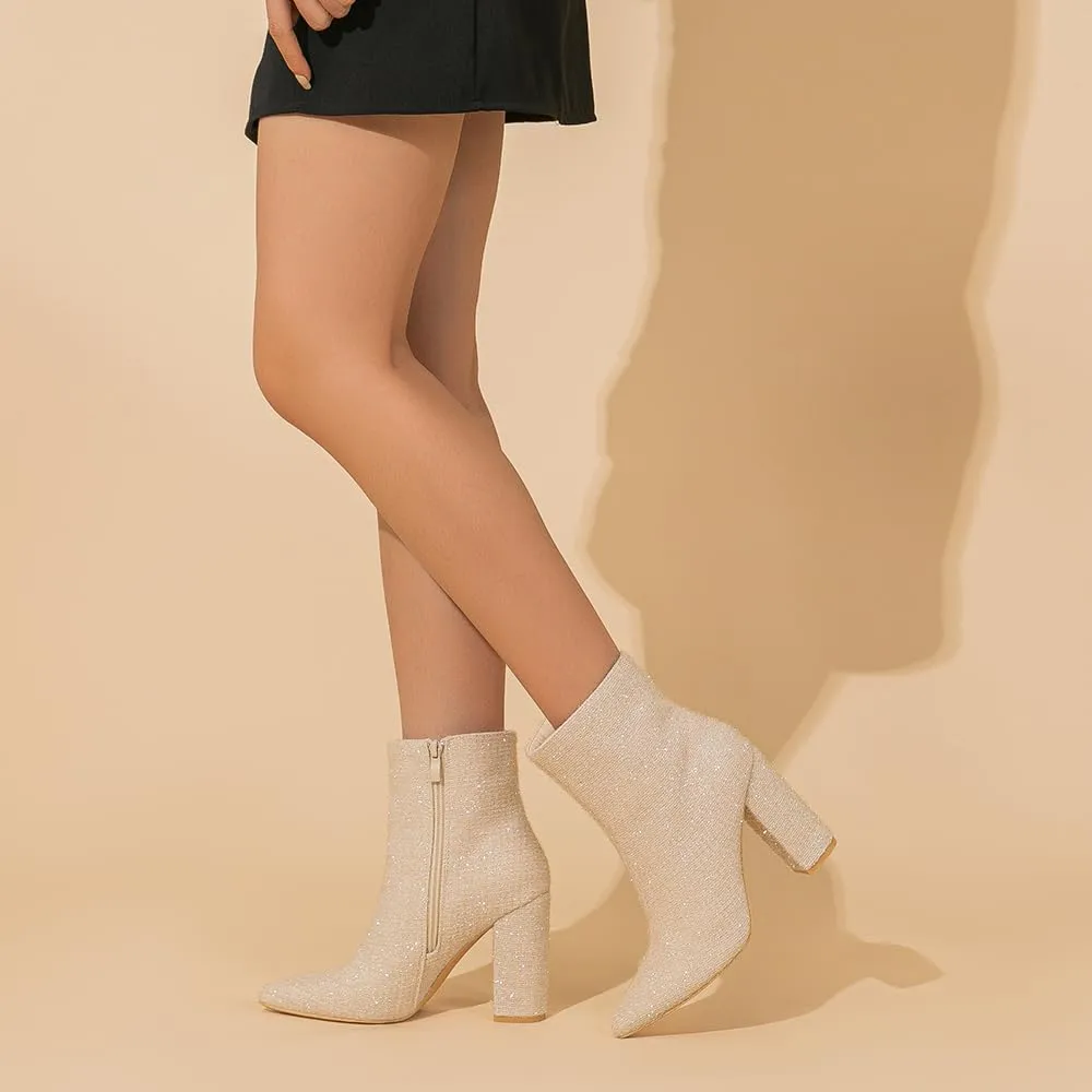 Amoji Women 4 Inch Rhinestone Heeled Boots Pointed Toe Chunky Boot With Zipper