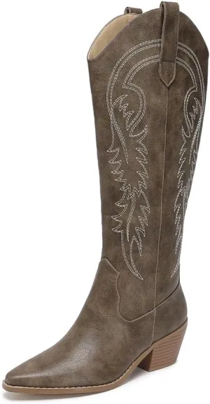 Amoji Women Western Cowboy Boots Pointed Toe Cowgirl Knee High Boots Pull On With Zipper 307